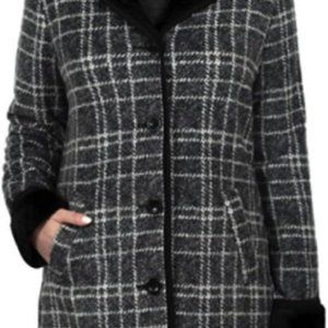 Ike Behar Ladies’ Plush Lined Hooded Jacket Faux Fur Charcoal Gray Plaid